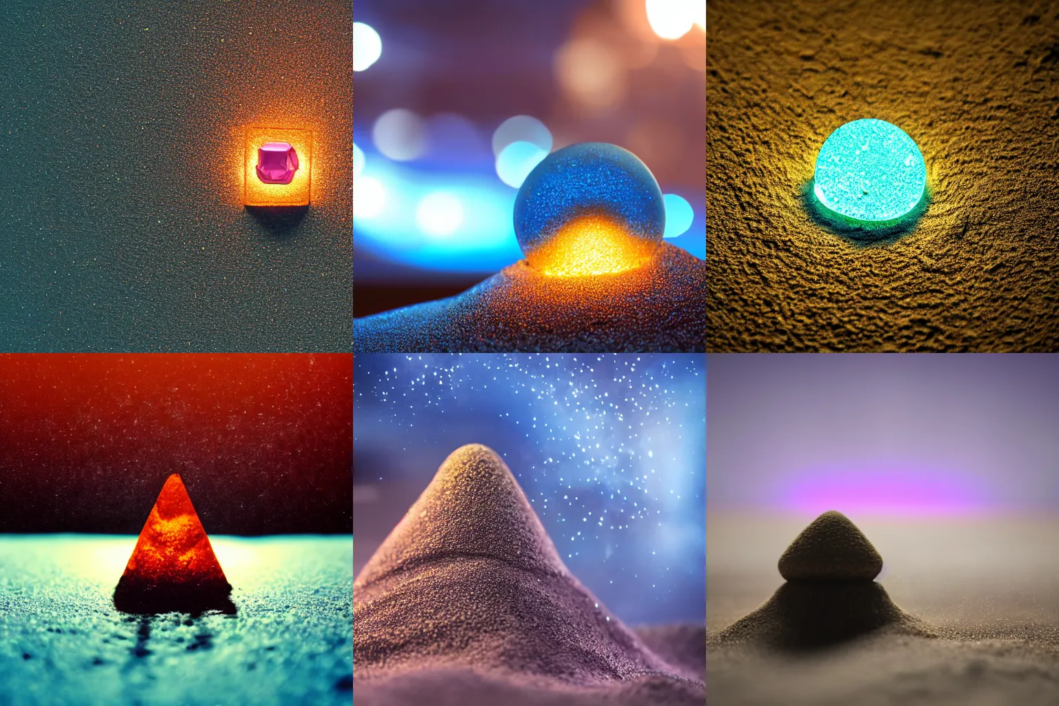 Prompt: macro photo of a scifi gadget in a gemstone covered sand, volumetric lights