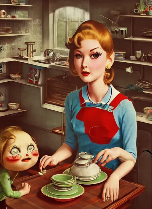 Image similar to highly detailed wide - angle portrait of a retro 1 9 6 0 s kitchen, nicoletta ceccoli, mark ryden, lostfish, earl nore, hyung tae, frank frazetta, global illumination, god rays, detailed and intricate environment