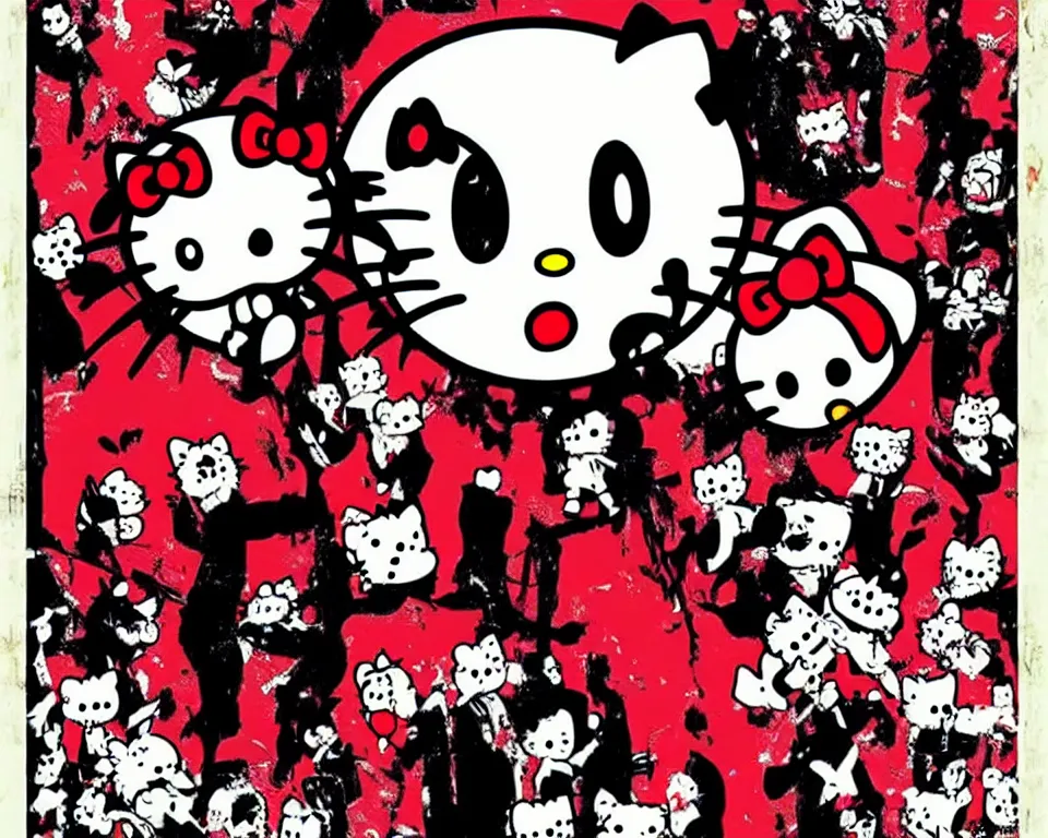 Prompt: a horror movie poster featuring Hello Kitty