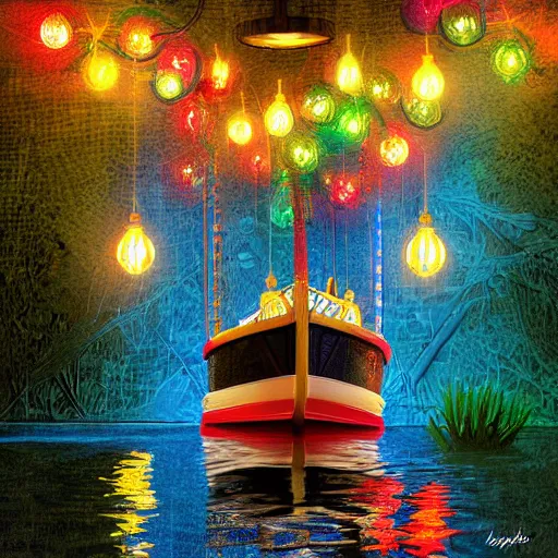 Prompt: a boat - themed chandelier with hundreds of colorful lights hanging from it, a figure lurks in the undergrowth looking at the lights from a distance, digital art