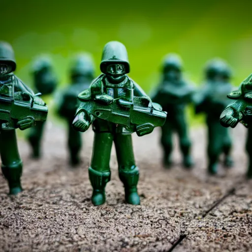 Prompt: 5 green plastic toy soldiers getting ready for battle on the grassy land. zoom in. DOF 100mm. F/1.8