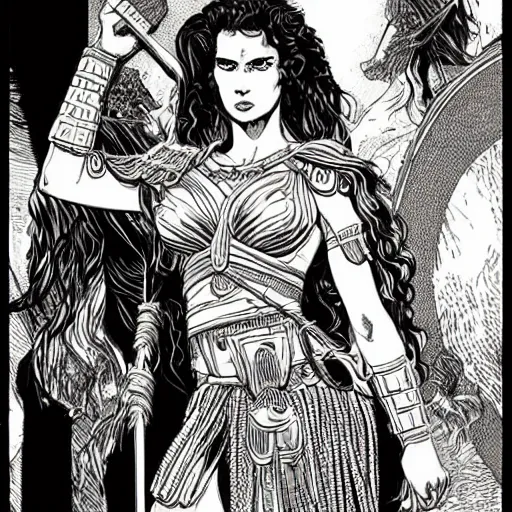 Prompt: greek amazon warrior, a tall beautiful woman with brown skin and long curly dark hair, dressed in hellenistic body armour, intricate, elegant, highly detailed, smooth, sharp focus, detailed face, high contrast, graphic novel, art by laurie greasley,