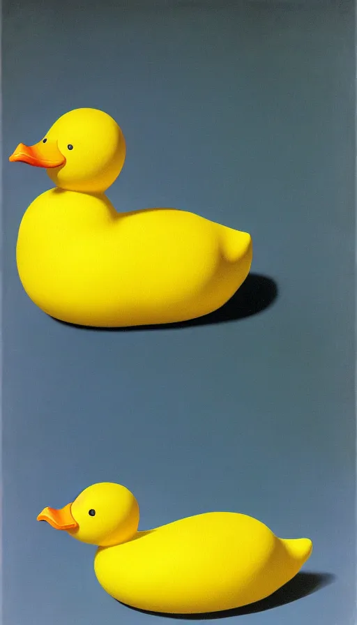 Image similar to portrait of a yellow rubber duck by rene magritte, oil on canvas.