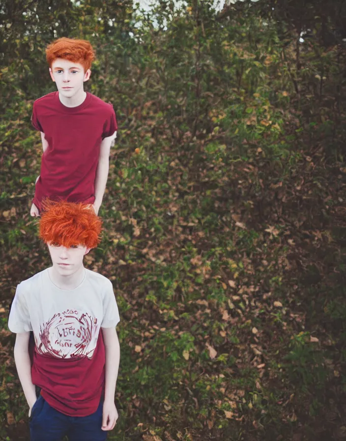 Prompt: portrait of a15 year old red-haired boy, f2.8 50mm lens, canon