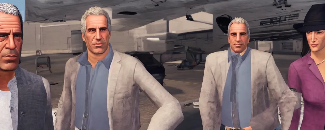 Image similar to jeffrey epstein and ghislaine maxwell in gta 6