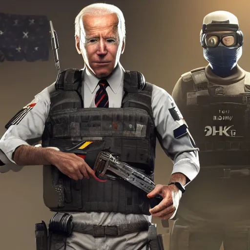 Image similar to joe biden as a rainbow six siege operator, 4 k, highly detailed