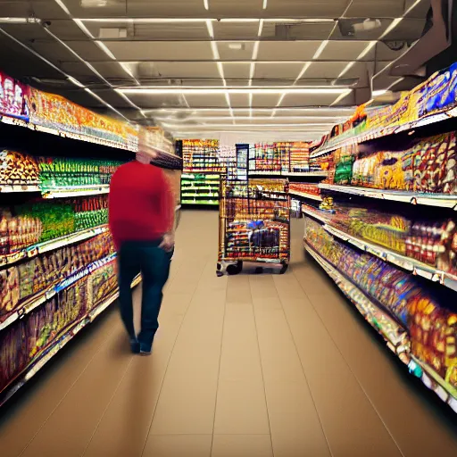 Image similar to a knight standing in a grocery store aisle, 35mm film grain, bokeh, octane render, hyperdetailed, realistic, studio lighting, film still