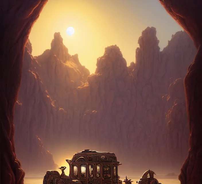 Prompt: subsurface scattering, a desert caravan rests at a lake oasis, the art of athas and dark sun, brom's dark sun art on a 7 0's style fantasy novel cover, digital painting by brom, amazingly detailed d & d art, concept art, intricate details, beautiful, volumetric lighting, cgsociety, artstation, square enix cinematic art