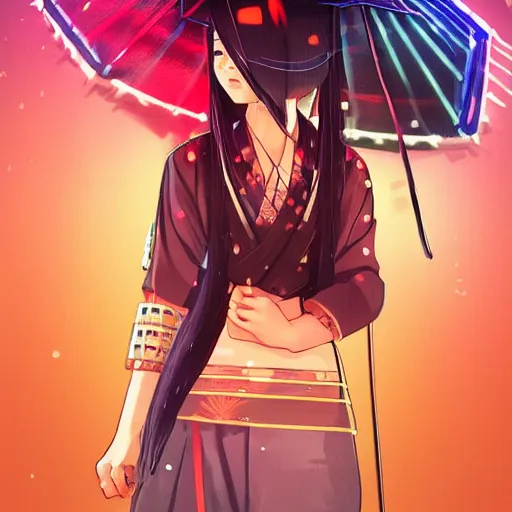 Image similar to Beautiful female samurai, with straw hat, rainy night, neon glow concept art, sharp focus, intricate, digital painting, artstation, official media, anime key visual, highly detailed, rich vivid colors ambient lighting, illustration, art by Artgerm, Makoto Shinkai, Ilya Kuvshinov, Lois Van Baarle and Rossdraws