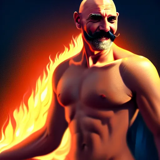 Prompt: bald boxer with chest tattoos with van dyke beard on fire, digital art, cinematic, concept art, 8k, painting, imaginefx, cgsociety, syd mead, trending on artstation, wide shot, full shot