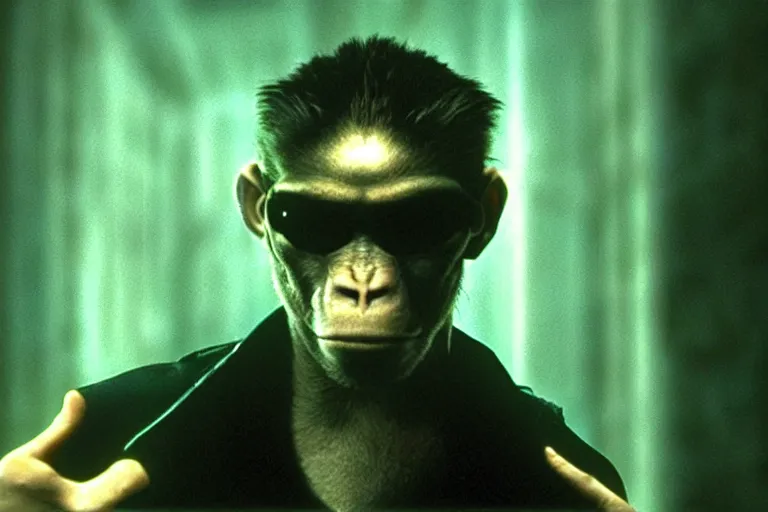 Image similar to a monkey starring as Neo on the matrix (1999), cinematic lighting, movie still