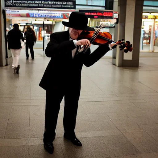 Image similar to a man in a tux wearing a white wolf mask playing the violin at a dirty metro station, unnerving, dark, disturbing, creepy, at night