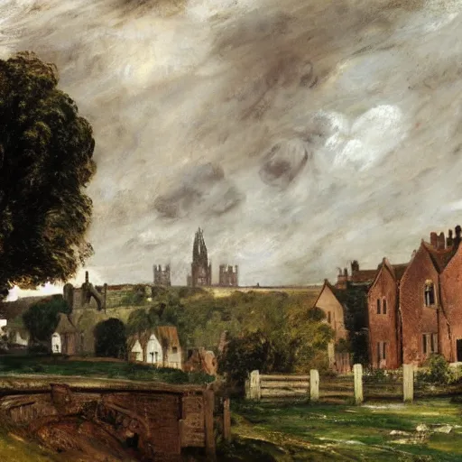 Image similar to English town being sacked by Normans, matte painting, by John Constable and Paul Nash