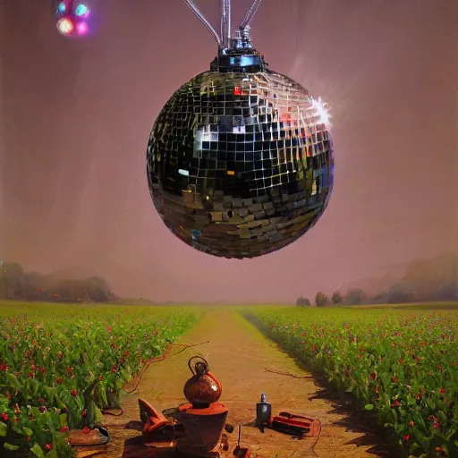 Image similar to a beautiful painting by thomas brom trending on artstation A farm of disco balls, by beeple and james gurney trending on artstation A supersonic irrigation device invented in the woodmarked plain