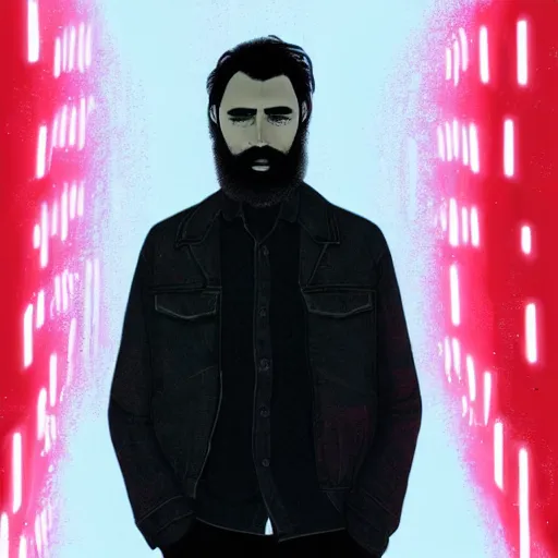 Image similar to a man with black hair and beard, wearing a black jacket, white shirt and blue jeans, standing in a room engulfed in red light, cinematic, bloom, breathtaking, illustration, realistic