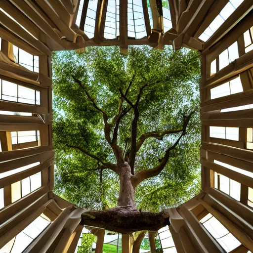 Image similar to an oak tree growing in an atrium, natural light, photo, 4 k