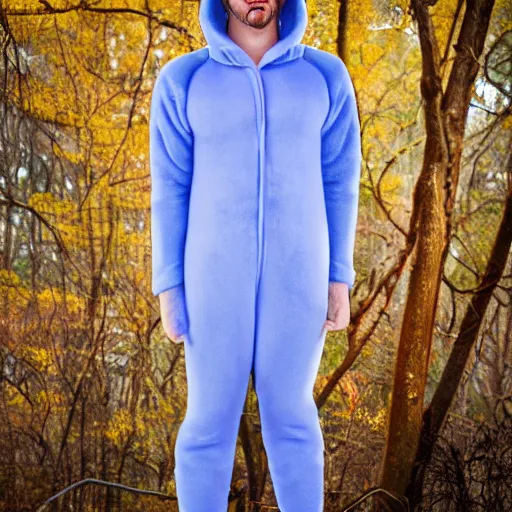 Prompt: An adult wearing a onesie in winter, realistic,photograph