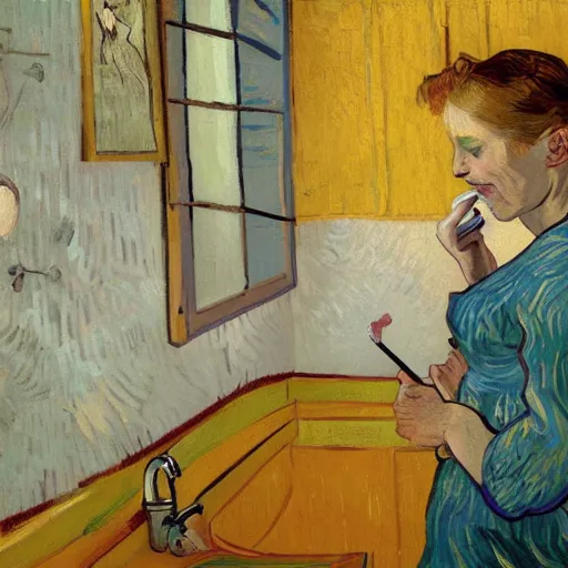 Prompt: digital painting of woman brushing teeth by Van Gogh, trending on Artstation, masterpiece, hyperdetailed