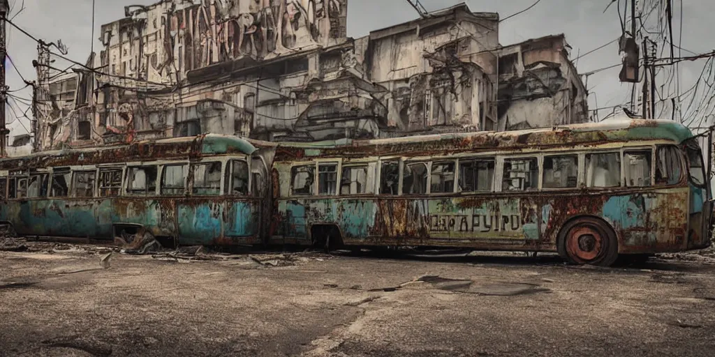 Prompt: low wide angle shot of dilapidated fallout 5 europa, retro futuristic overgrown euro cityscapes, desolate, dilapidated neon signs, few rusted retro futuristic vintage parked vehicles like cars, buses, trucks, trams, volumetric lighting, photorealistic, daytime, spring, clear weather, sharp focus, ultra detailed, 3 5 0 0 k