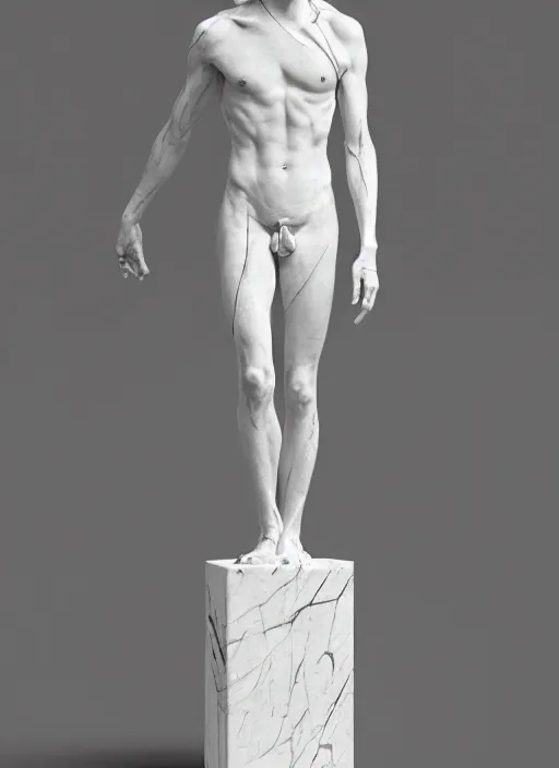 Prompt: a statue made of white marble with gold veins, of john linnell from they might be giants, transhumanism, full body shot, perfect symmetrical body, perfect symmetrical face, hyper realistic, hyper detailed, by johannen voss, by peter kemp, by monia merlo, by michelangelo, octane render, blender, 8 k