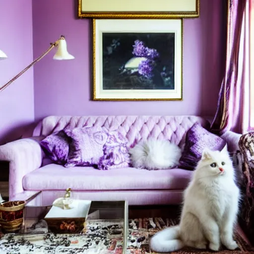 Prompt: a white Siberian kitten is sitting on a purple couch with antique vintage paintings on the walls