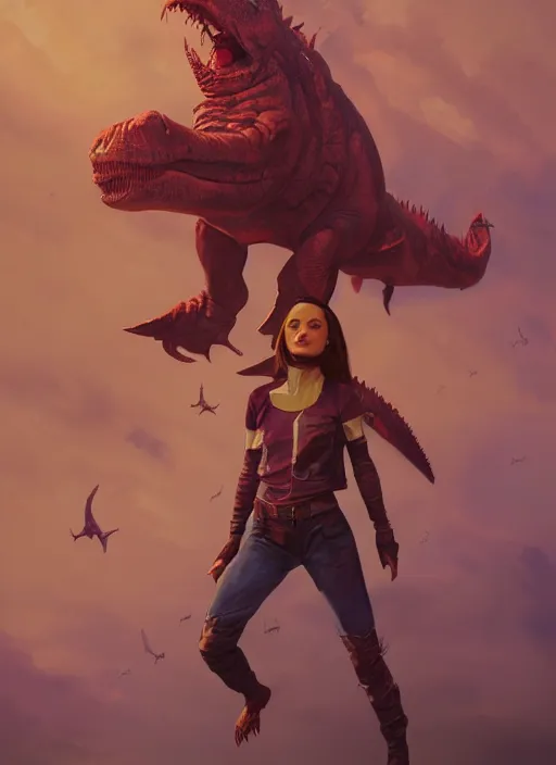 Prompt: hyper realistic photo of dino rider girl, rule of thirds, conceptart, saturated colors, cinematic, greg rutkowski, brom, james gurney, mignola, craig mullins, artstation, cgsociety