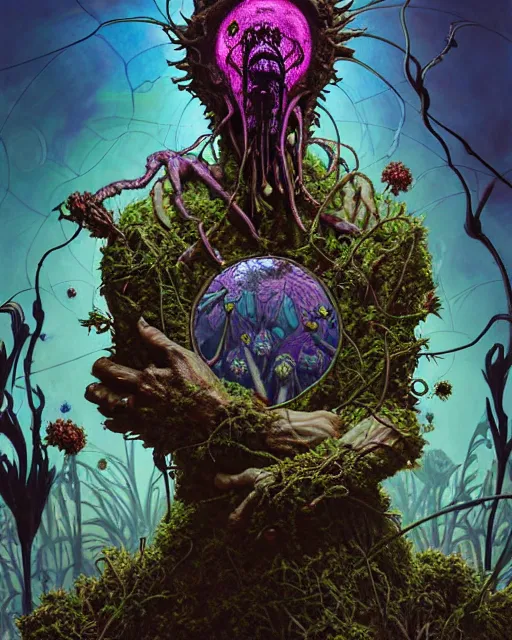 Prompt: the platonic ideal of flowers, rotting, insects and praying of cletus kasady carnage thanos davinci dementor wild hunt chtulu mandelbulb rick and morty doctor manhattan bioshock, caustic, ego death, decay, dmt, psilocybin, concept art by randy vargas and greg rutkowski and zdzisław beksinski