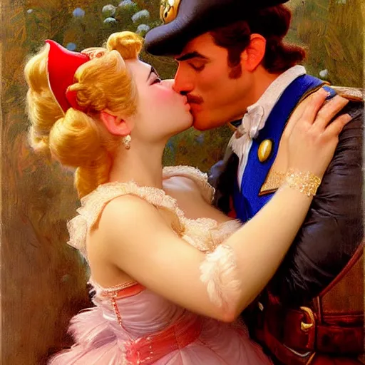 Prompt: a portrait of a super mario kissing princess peach. highly detailed painting by gaston bussiere, craig mullins, j. c. leyendecker, furry