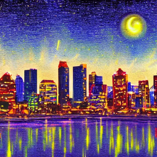 Prompt: calgary cityscape skyline in the style of starry nights