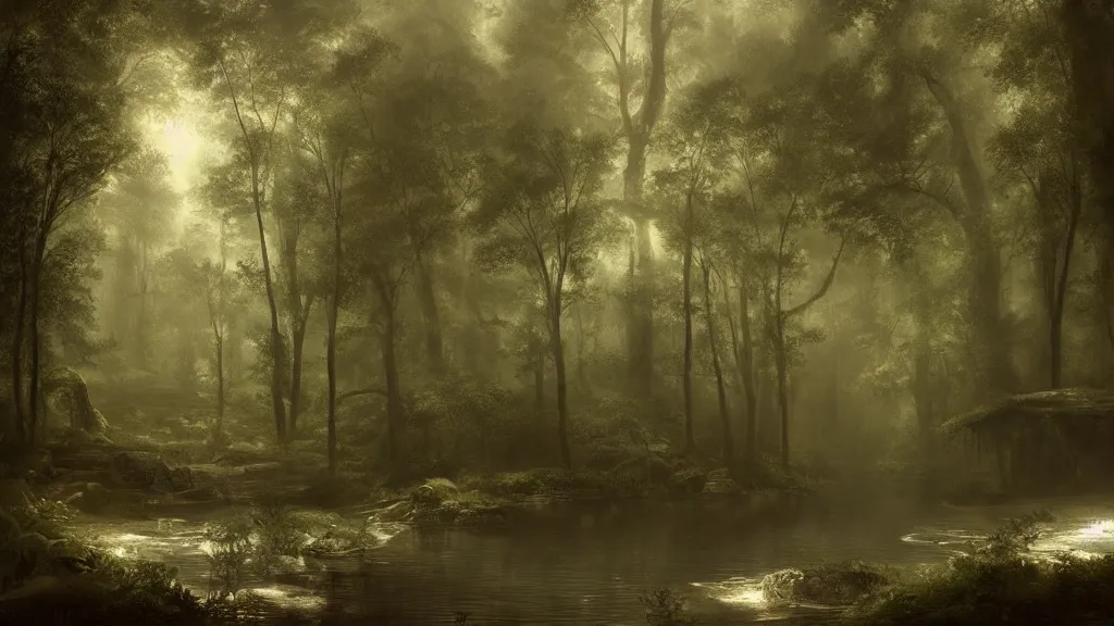 Prompt: a clearing with a deep pool of water, a sanctuary in the dark, dense forest. andreas achenbach, artgerm, mikko lagerstedt, zack snyder, tokujin yoshioka