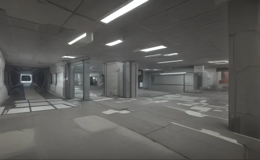 Image similar to screenshot of a first person shooter game on unreal engine 5, narrow modern hallways of a futuristic government facility with white dry wall, photorealistic, retrofuturism