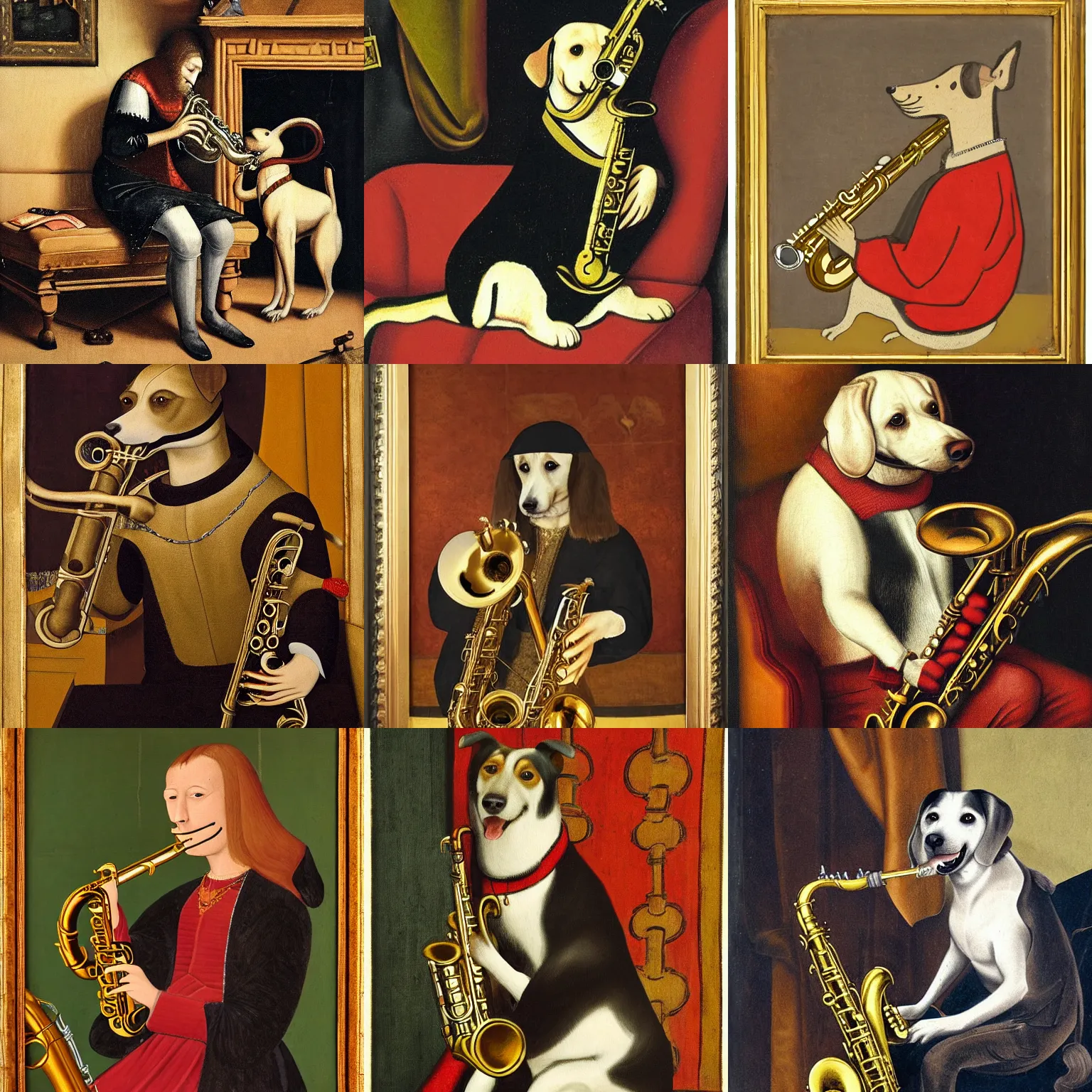 Prompt: dog playing the saxophone, sitting on couch, medieval portrait