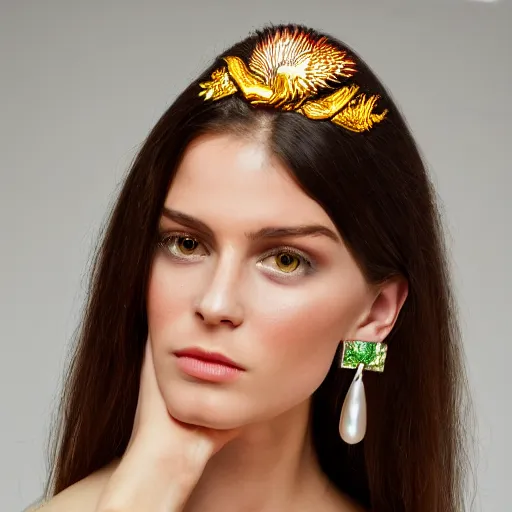 Image similar to jewelry design, pearl earrings with phoenix decoration, model show