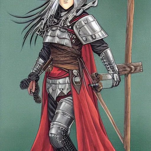 Prompt: a rustic woman wearing medieval armor, long hair, by yusuke murata