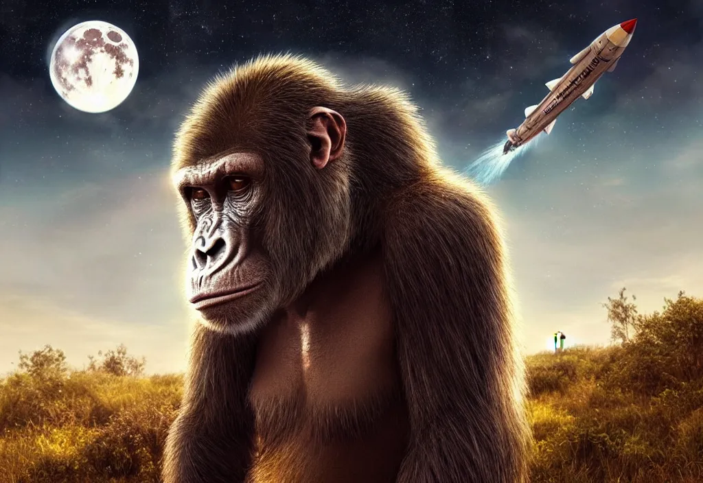 Prompt: hdr photography an ape wearing a half spacesuit!, in front of a rocket, full moon sky, cinematic, coherent portrait, intricate, elegant, highly detailed, digital photo, trending on artstation, hdr photo, smooth, sharp focus, illustration, art by artgerm and greg rutkowski and alphonse mucha