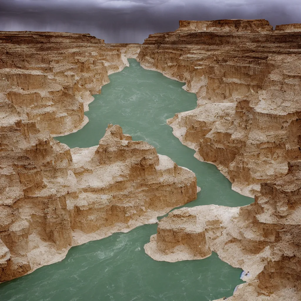 Image similar to photo of green river, wyoming cliffs during thunderstorm. the foreground and river are brightly lit by sun, and the background clouds are dark and foreboding. kodak portra 4 0 0,