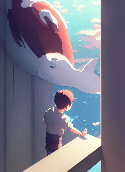 Image similar to boy and girl watching outside from a window, big whales on are on the the sky, illustration concept art anime key visual trending pixiv fanbox by wlop and greg rutkowski and makoto shinkai and studio ghibli