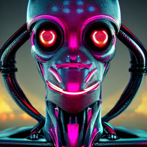 Image similar to synthwave cyborg insect alien face, detailed face, sharp focus, synthwave art, aesthetic, octane render, raw, cinematic