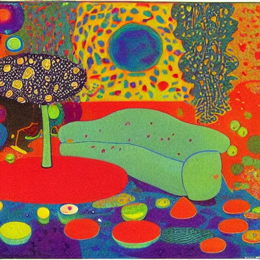Prompt: psychedelic trippy couch in the lush forest, planets, flowers, mushrooms milky way, sofa, cartoon by mordecai ardon