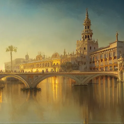 Image similar to sevilla city of spain, reflexions, verry high details by william turner art, greg rutkowski and alphonse mucha, trending on artstation, very very detailed, masterpiece,