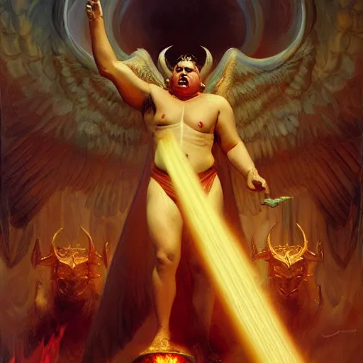 Image similar to obese male lucifer morning star casting a spell summoning male demons, they rise from down bellow. highly detailed painting by gaston bussiere, craig mullins, j. c. leyendecker, 8 k
