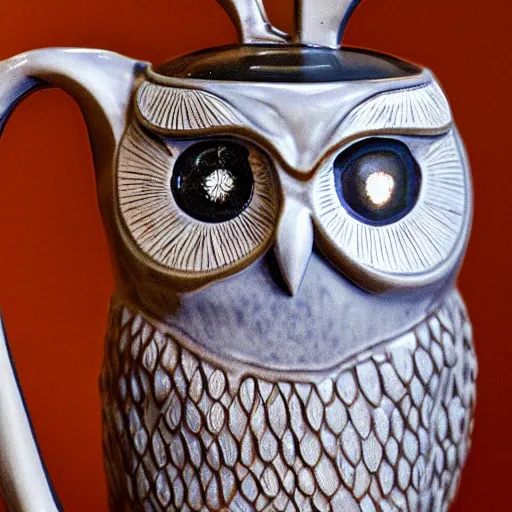 Prompt: still life photograph of an owl kettle, glazed ceramic, tilt shift, very beautiful, global illumination, intricate linework