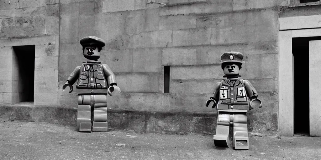 Image similar to ragged lego soldier guarding a bank in french town, military fortifications, 1 9 4 4 kodak 1 2 6 film photo, 5 0 mm lens, f 3. 5, slight light leak on camera