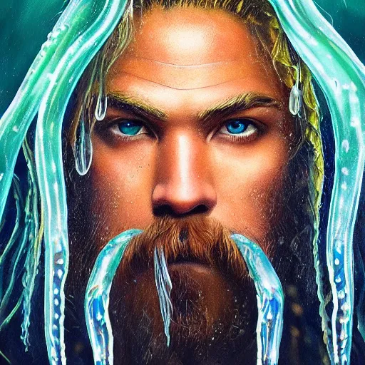 Image similar to intricate five star portrait of aquaman as a jellyfish man, oil on canvas, hdr, high detail, photo realistic, hyperrealism, matte finish, high contrast, 3 d depth, centered, masterpiece, grain and gentle colors, enhanced light effect, enhanced eye detail, artstationhd