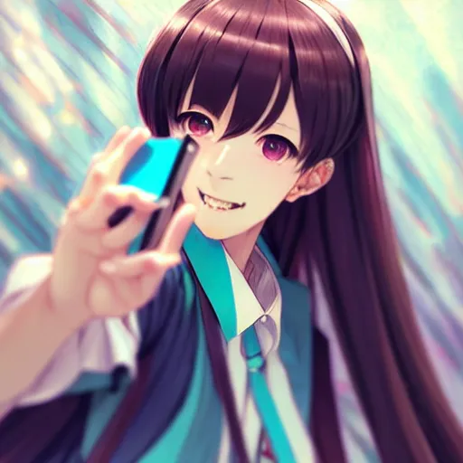 Prompt: a high detail portrait of Hatsune Miku taking a selfie by krenz cushart ilya kuvshinov, by BUNBUN, CLIP STADIO, mad painting, pixiv key visual manga cover