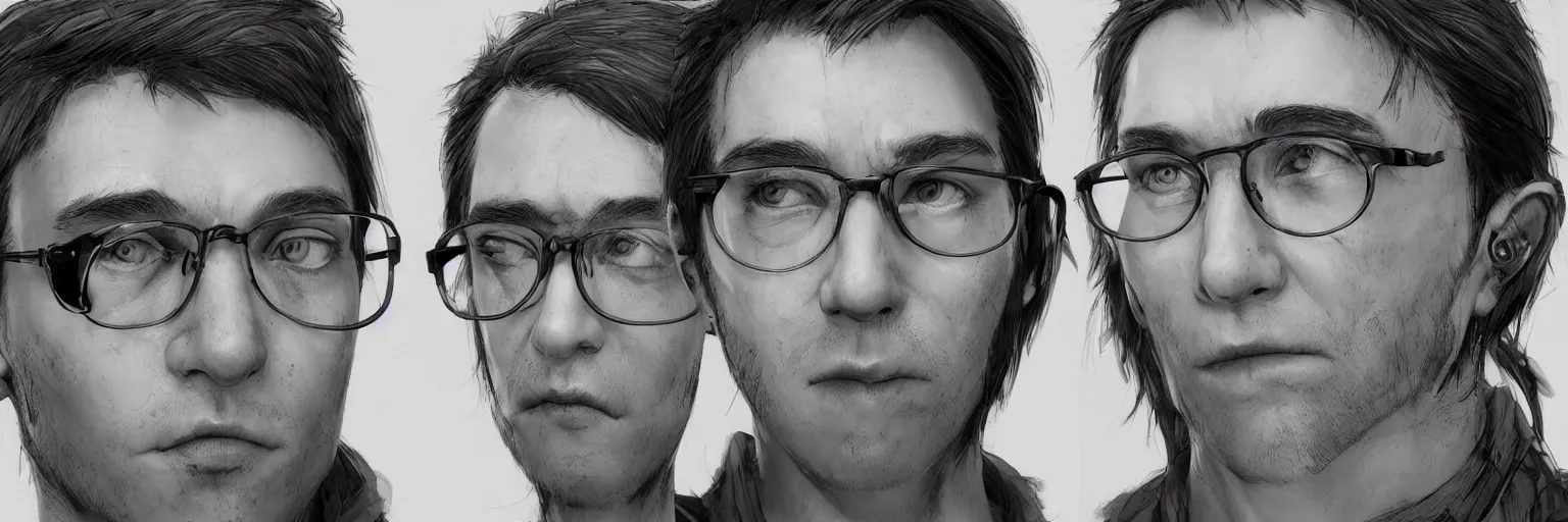 Prompt: character faces, realistic john zorn, clear john face, glasses, geek, character sheet, fine details, concept design, contrast, kim jung gi, greg rutkowski and da vinci, trending on artstation, 8 k, emotional, face turnaround, front view, back view, side view, ultra wide angle