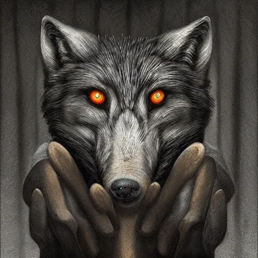 Image similar to wolf like a human, holding brush, artwork by Antón Semenov,