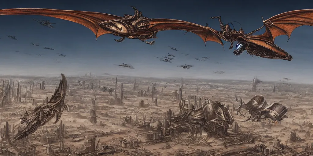 Prompt: giger steampunk wyvern flying over huge desert city, in style of federico pelat greg rutkowski