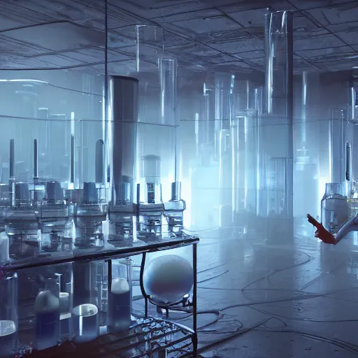 Image similar to a young scientist standing in his laboratory observing a huge complex experiment!!, detailed, volumetric lighting, muted colors, horror movie, 4 k octane render, unreal engine, realistic