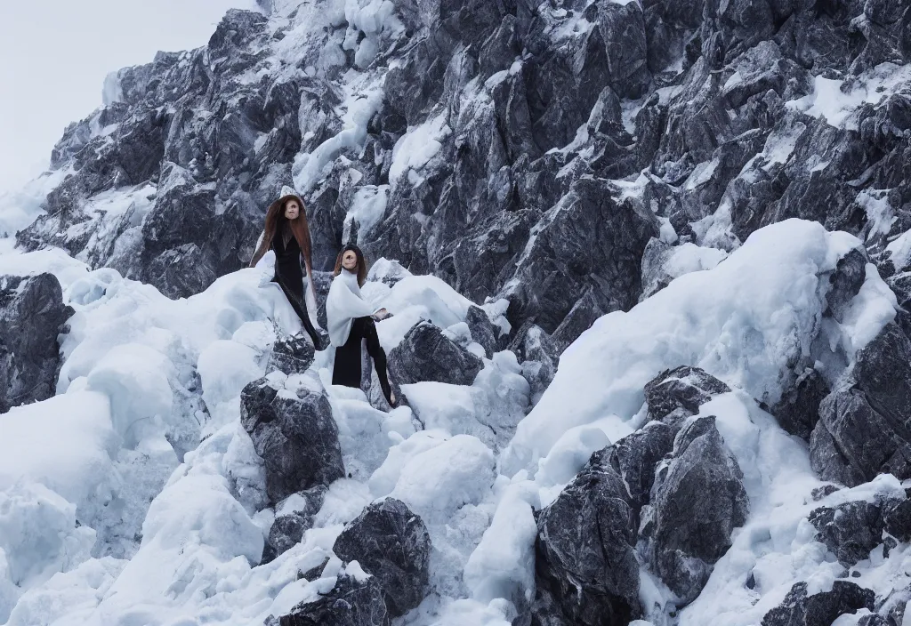 Image similar to fashion editorial in snow avalanche. gigantic snow storm mountain. wide angle shot. highly detailed. depth of field. high definition. 8k. photography.